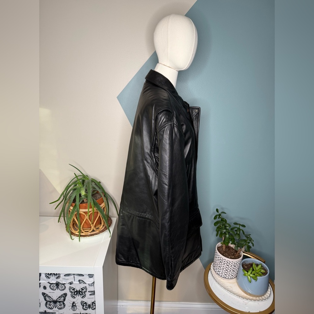 90s Minimalist Black Leather Field Jacket London Fog Utility Coat Lined S - Picture 5 of 15